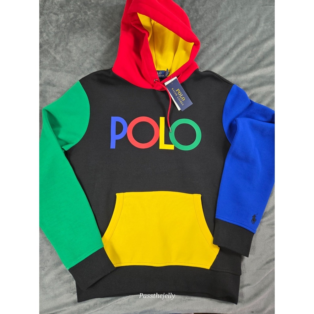 Polo Ralph Lauren Men's Small Black Colorblock Graphic Fleece Hoodie Spellout